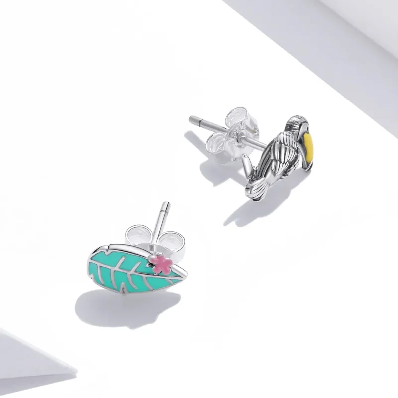 (bilde for) Pandora Style Sølv Big Beaked Bird And Leaf Stud øredobber - SCE1083 - Vis 2