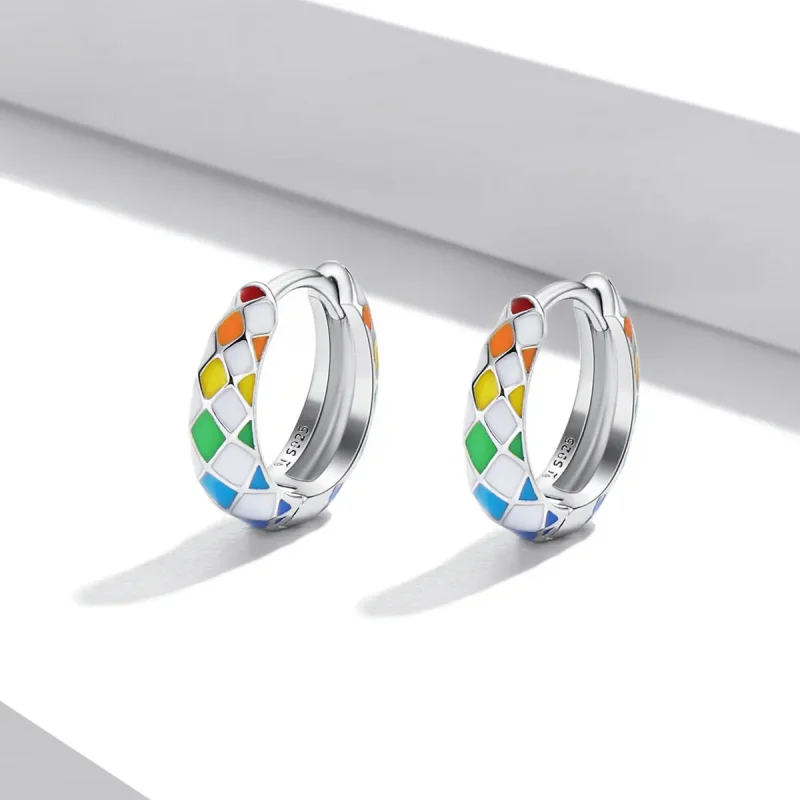 (bilde for) Pandora Style Rainbow Checkerboard Hoop øredobber - SCE1351 - Vis 2