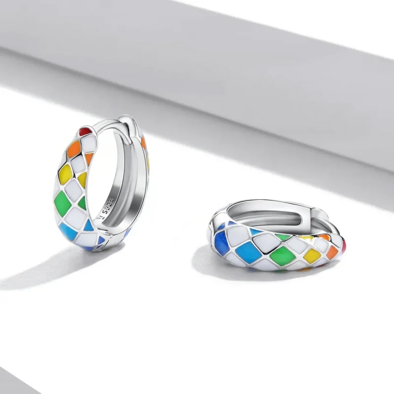 (bilde for) Pandora Style Rainbow Checkerboard Hoop øredobber - SCE1351 - Vis 4