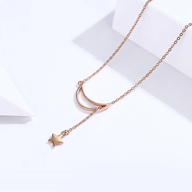 (bilde for) Pandora Style Rose Gold Starry Moon Chain Halskjede - SCN108-C - Vis 2
