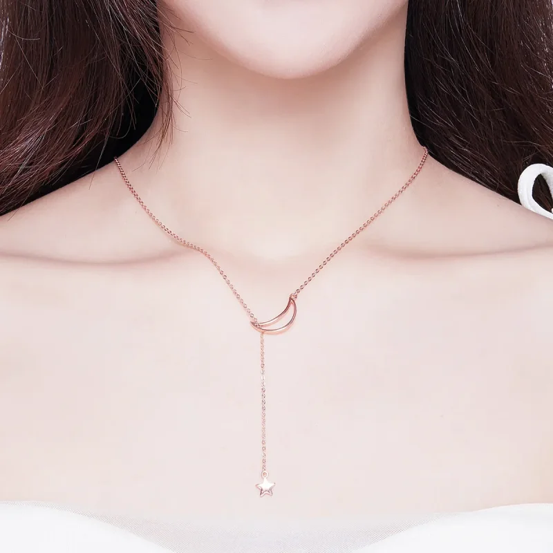 (bilde for) Pandora Style Rose Gold Starry Moon Chain Halskjede - SCN108-C - Vis 4