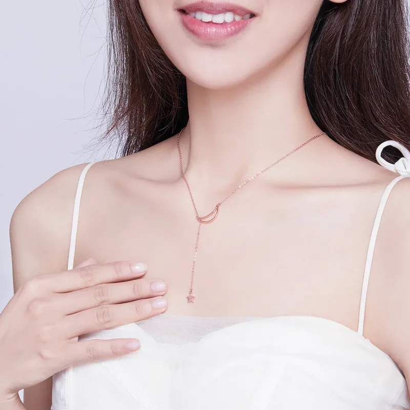 (bilde for) Pandora Style Rose Gold Starry Moon Chain Halskjede - SCN108-C - Vis 5