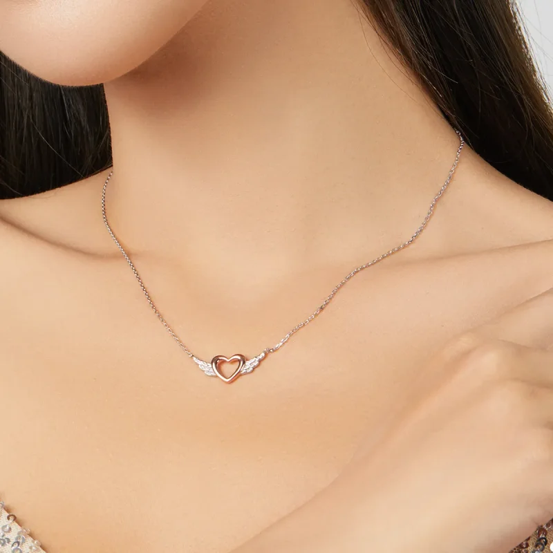 (bilde for) Pandora Style Two Tone Bicolor Heart Wing Anheng Halskjede - BSN162 - Vis 7