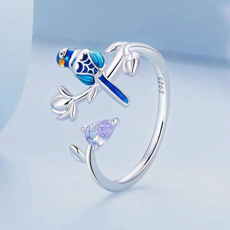 (bilde for) Pandora Style Bird and Flower Open Ring - BSR288 - Vis 2