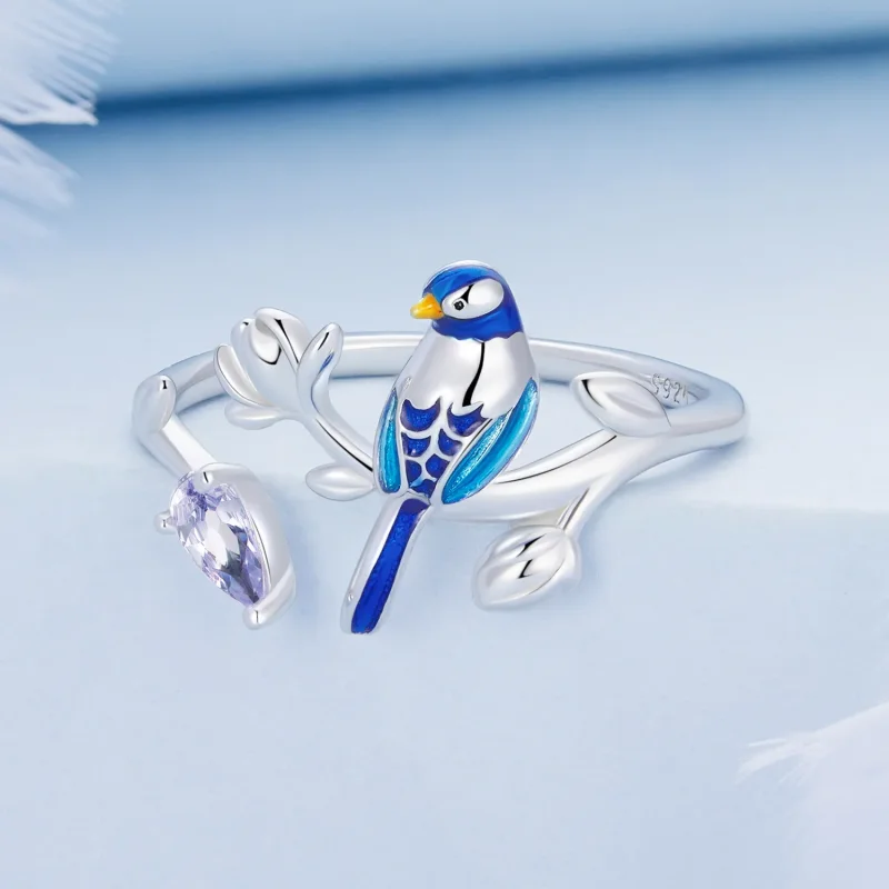 (bilde for) Pandora Style Bird and Flower Open Ring - BSR288 - Vis 3
