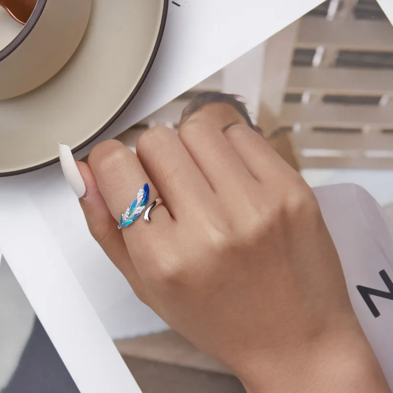 (bilde for) Pandora Style Dazzling Blue Feather Open Ring - BSR301 - Vis 6