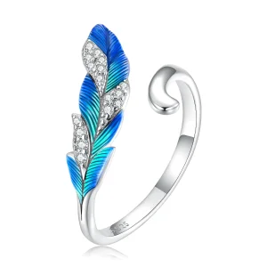 (bilde for) Pandora Style Dazzling Blue Feather Open Ring - BSR301