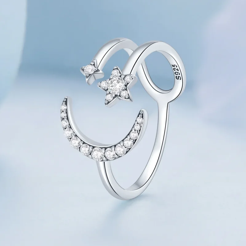(bilde for) Pandora Style Moon and Stars Open Ring - BSR305 - Vis 2