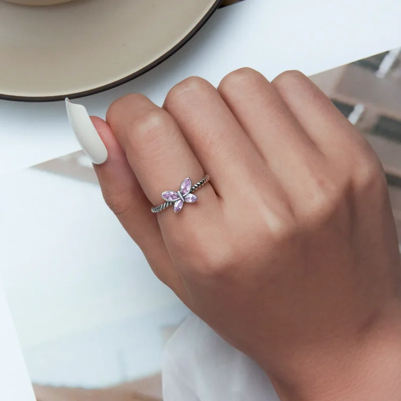 (bilde for) Pandora Style Pink Butterfly Twist Open Ring - SCR872 - Vis 5