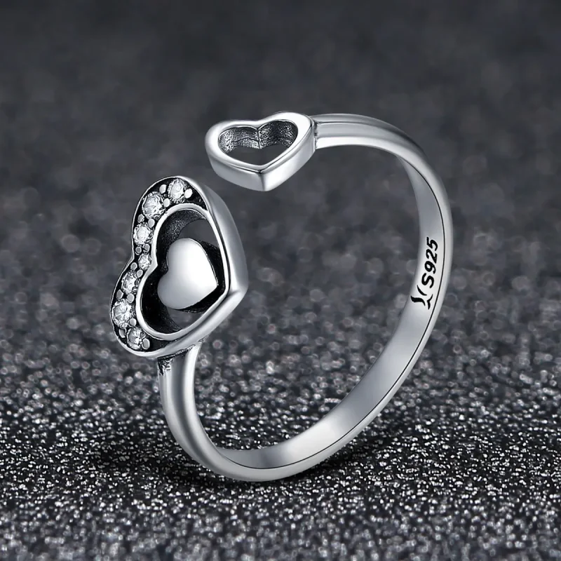(bilde for) Pandora Style Silver Concomitant Two Hearts Ring - SCR168 - Vis 3