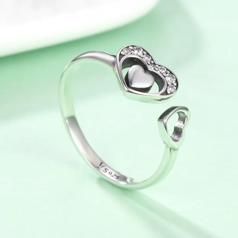 (bilde for) Pandora Style Silver Concomitant Two Hearts Ring - SCR168 - Vis 4