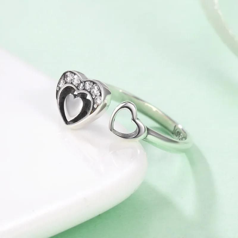 (bilde for) Pandora Style Silver Concomitant Two Hearts Ring - SCR168 - Vis 5