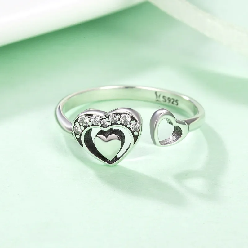 (bilde for) Pandora Style Silver Concomitant Two Hearts Ring - SCR168 - Vis 6