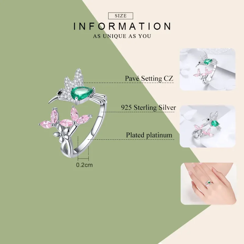 (bilde for) Pandora Style Silver Gift of Hummingbird Open Ring - BSR016 - Vis 7