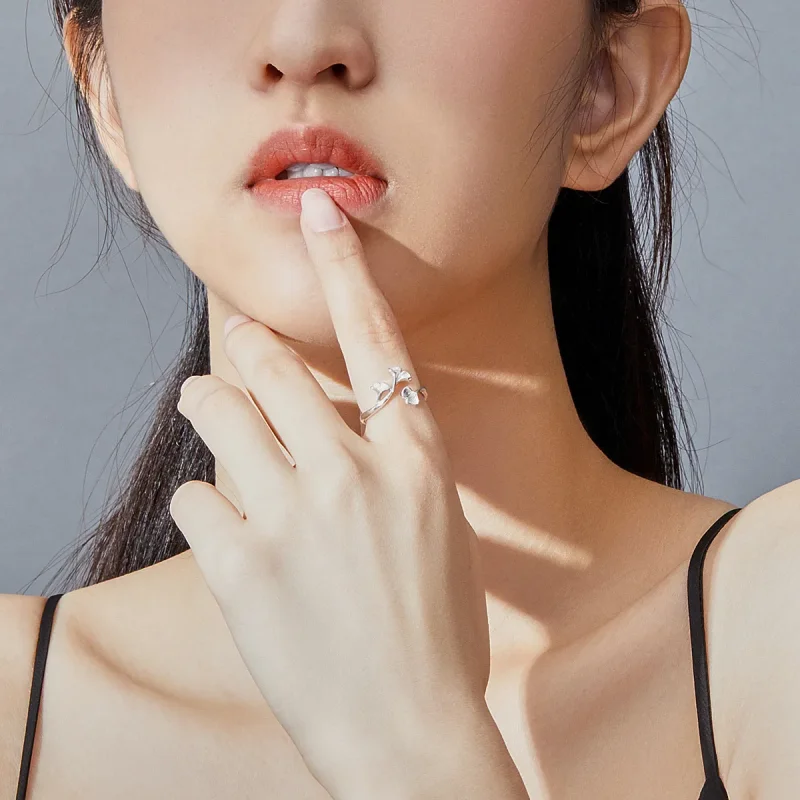 (bilde for) Pandora Style Silver Ginkgo Leaf Open Ring - BSR097 - Vis 6