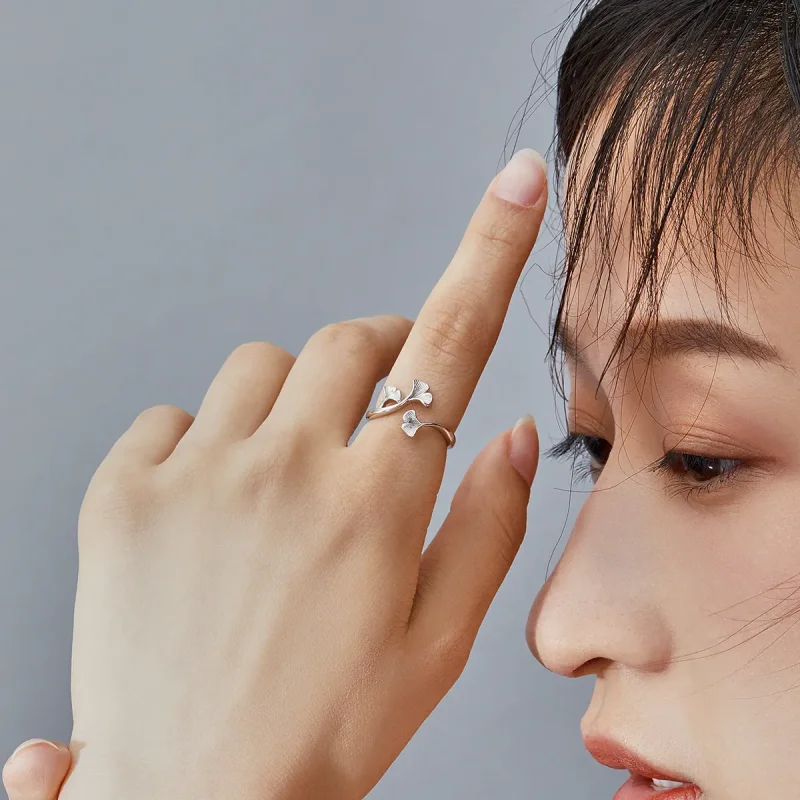 (bilde for) Pandora Style Silver Ginkgo Leaf Open Ring - BSR097 - Vis 7