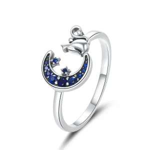 Pandora Style Silver Moon & Cat Open Ring - SCR677 (bilde for) Pandora Style Silver Moon & Cat Open Ring - SCR677