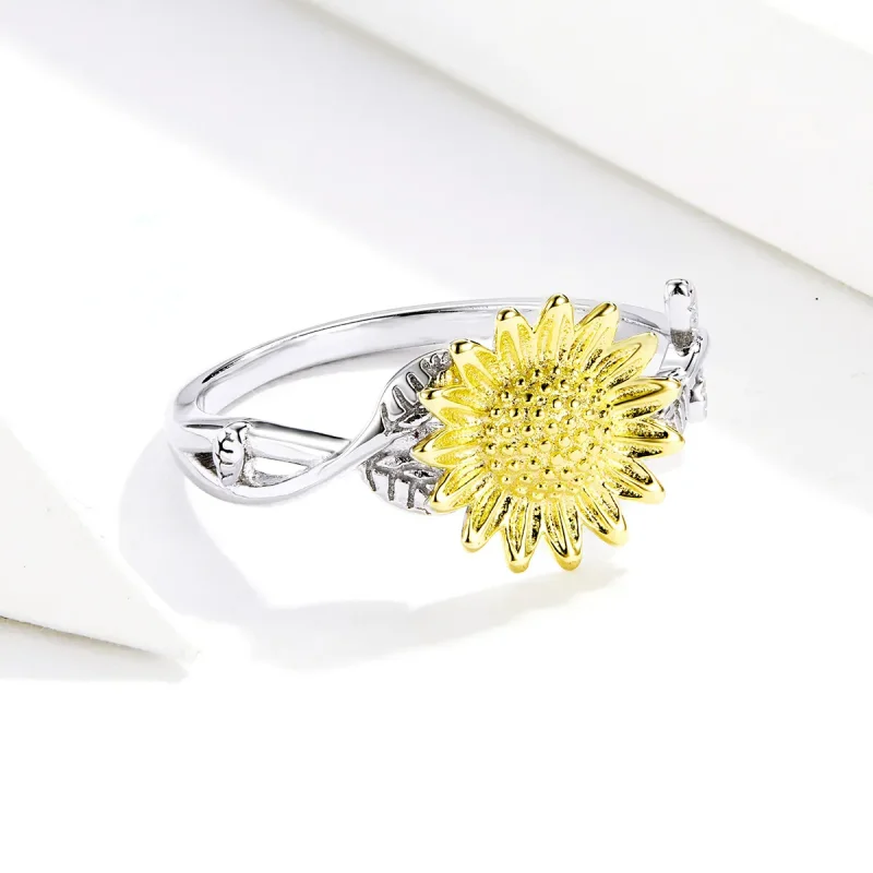 (bilde for) Pandora Style Two Tone Bicolor Golden Sunflowers Open Ring - SCR596 - Vis 2