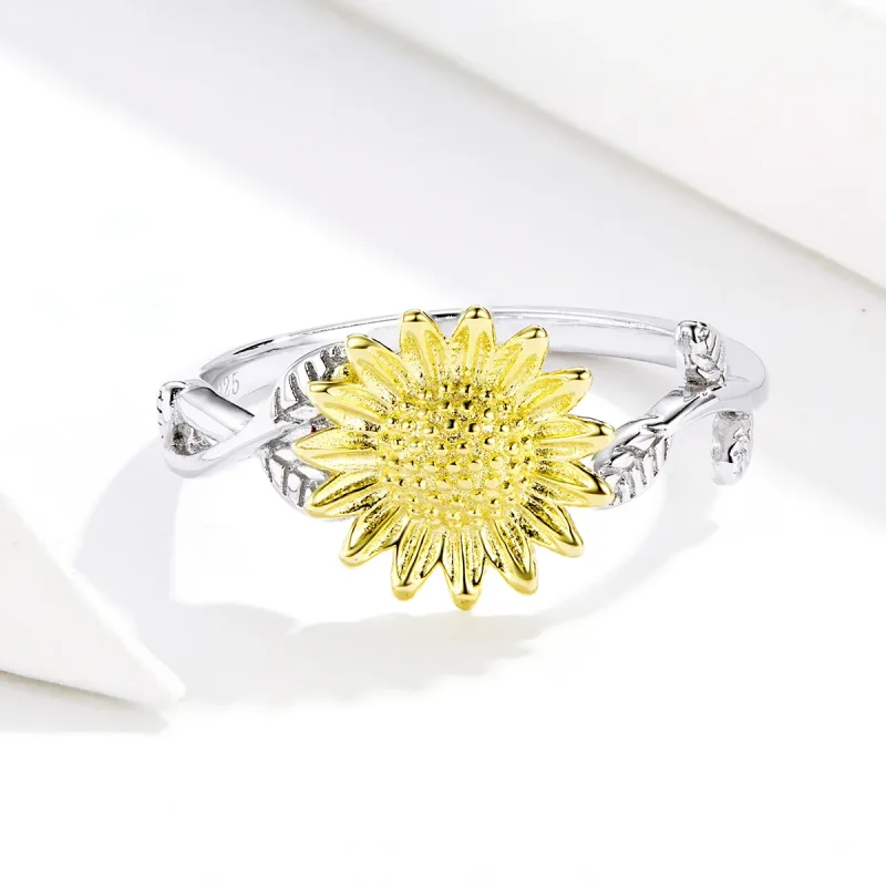 (bilde for) Pandora Style Two Tone Bicolor Golden Sunflowers Open Ring - SCR596 - Vis 3