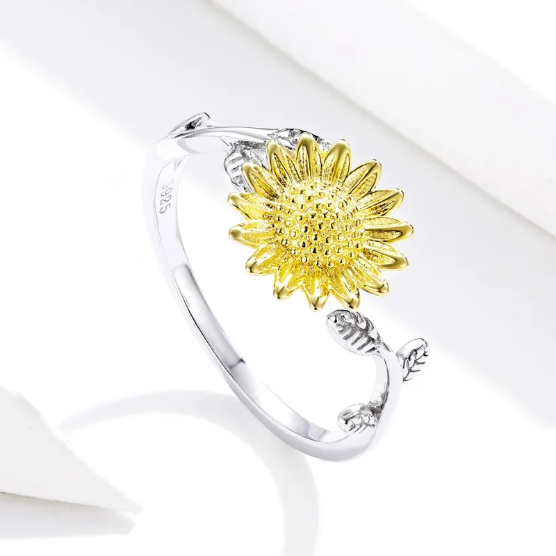 (bilde for) Pandora Style Two Tone Bicolor Golden Sunflowers Open Ring - SCR596 - Vis 4
