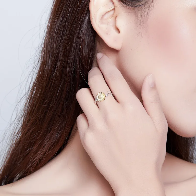 (bilde for) Pandora Style Two Tone Bicolor Golden Sunflowers Open Ring - SCR596 - Vis 6