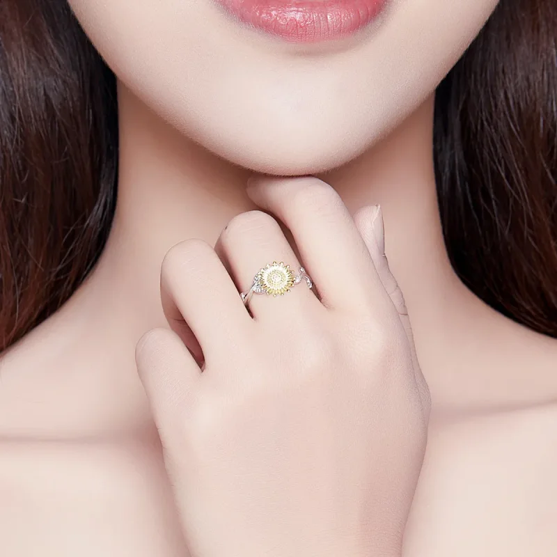 (bilde for) Pandora Style Two Tone Bicolor Golden Sunflowers Open Ring - SCR596 - Vis 7