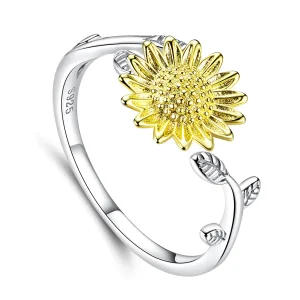 (bilde for) Pandora Style Two Tone Bicolor Golden Sunflowers Open Ring - SCR596