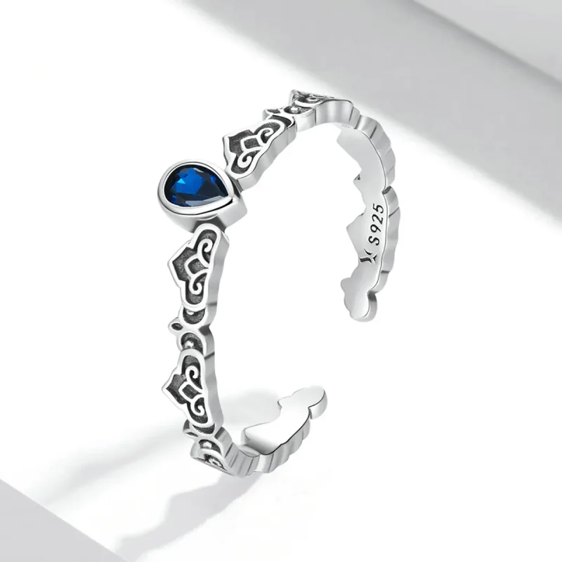 (bilde for) Pandora Style Vintage Pattern - Droplet Blue Stone Open Ring - SCR767 - Vis 2