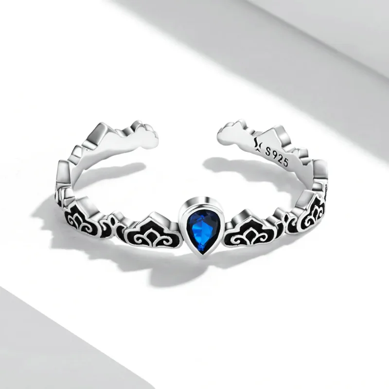 (bilde for) Pandora Style Vintage Pattern - Droplet Blue Stone Open Ring - SCR767 - Vis 3