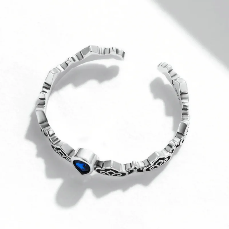 (bilde for) Pandora Style Vintage Pattern - Droplet Blue Stone Open Ring - SCR767 - Vis 4