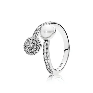 (bilde for) Pandora Open silver ring with white crystal pearl and clear cubic zirconia - 191044CZ
