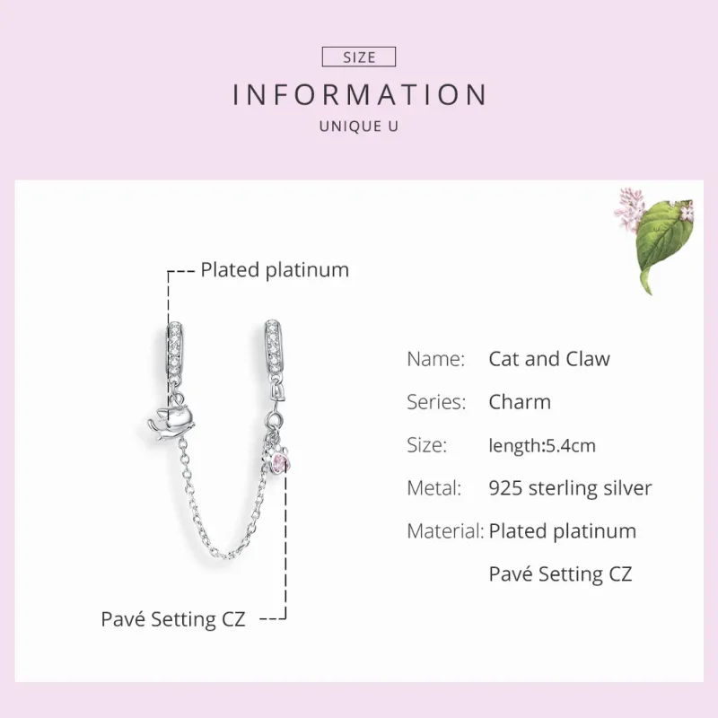(bilde for) Pandora Style Silver Cat And Claw Safety Chain - BSC243 - Vis 7