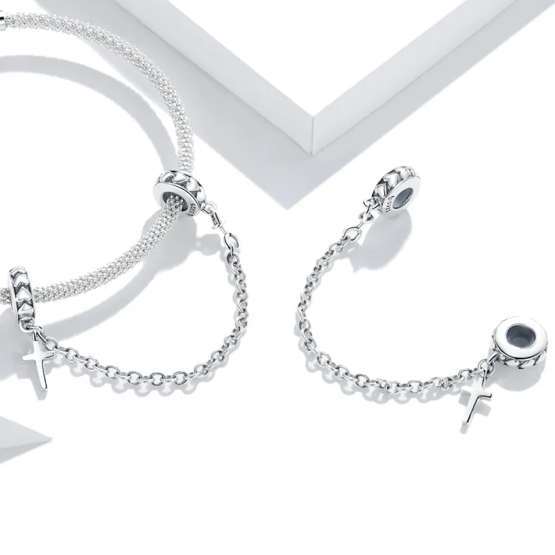 (bilde for) Pandora Style Silver Simple Cross Safety Chain - BSC362 - Vis 4