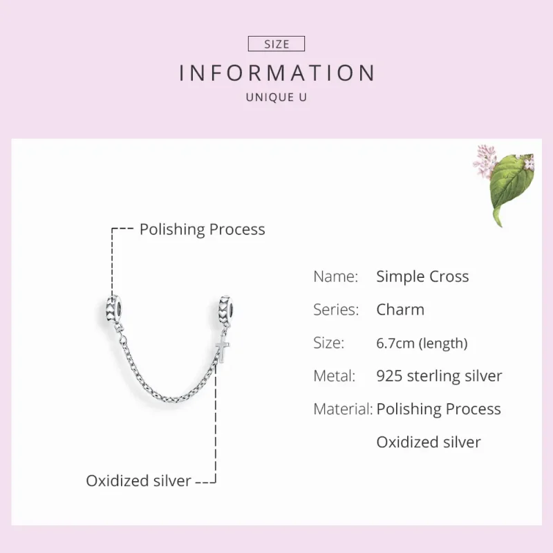 (bilde for) Pandora Style Silver Simple Cross Safety Chain - BSC362 - Vis 7