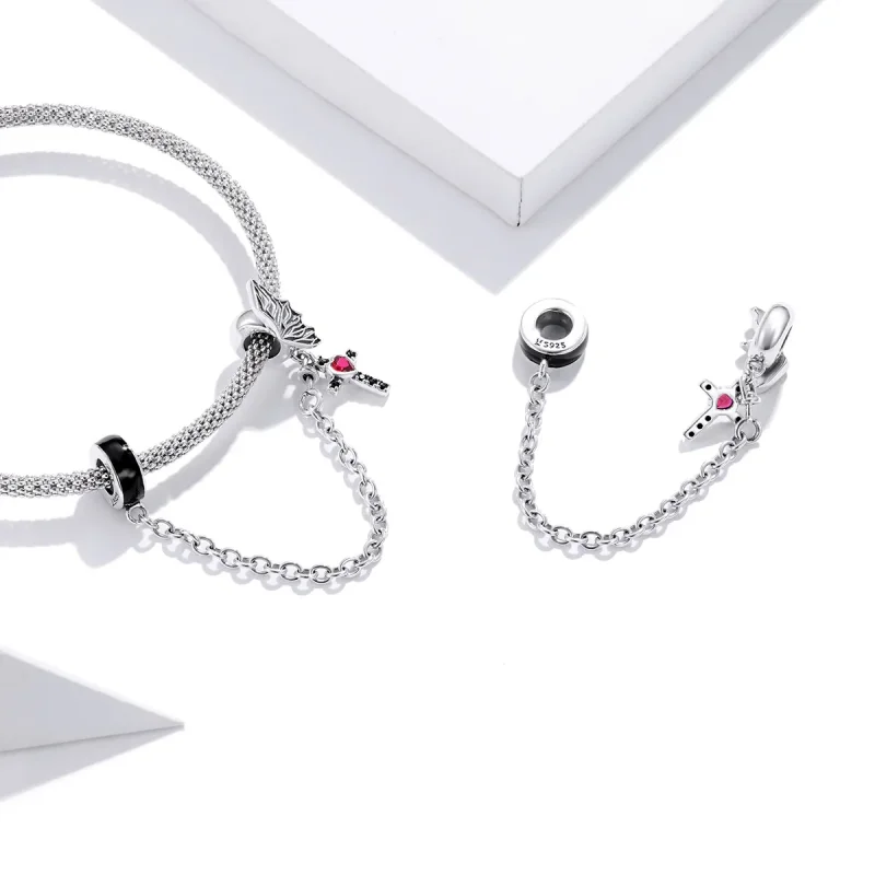 (bilde for) Pandora Style Silver Winged Cross Safety Chain - SCC1781 - Vis 4