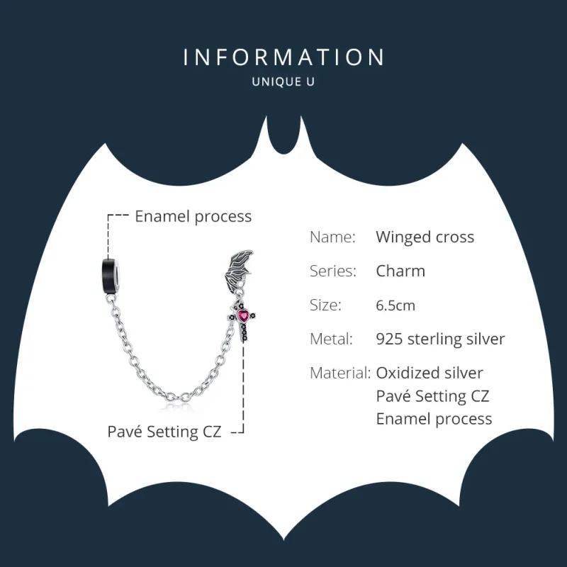 (bilde for) Pandora Style Silver Winged Cross Safety Chain - SCC1781 - Vis 6