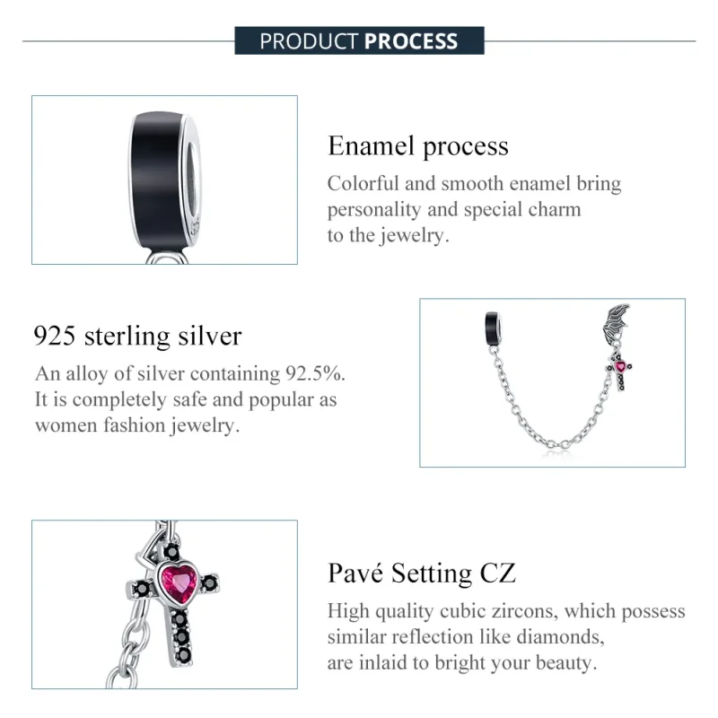 (bilde for) Pandora Style Silver Winged Cross Safety Chain - SCC1781 - Vis 7