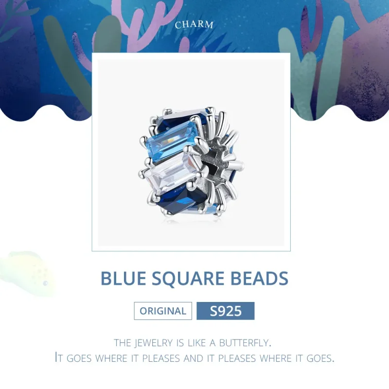 (bilde for) Pandora Style Silver Blue Square Spacer Charm - SCC1806 - Vis 6
