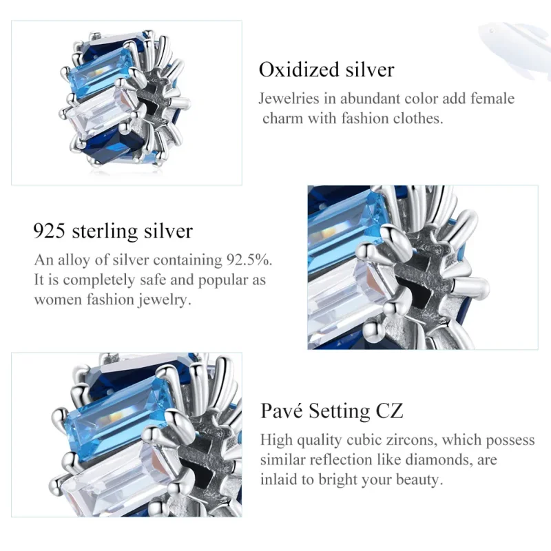 (bilde for) Pandora Style Silver Blue Square Spacer Charm - SCC1806 - Vis 7