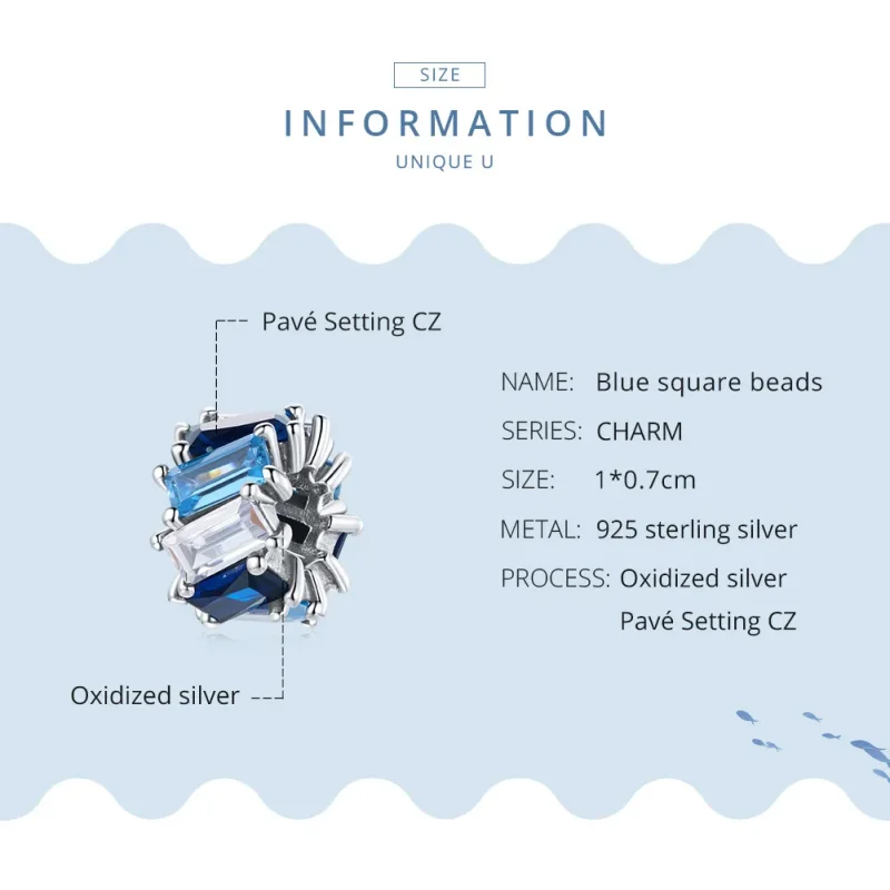 (bilde for) Pandora Style Silver Blue Square Spacer Charm - SCC1806 - Vis 8