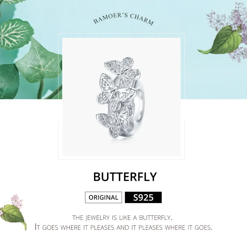 (bilde for) Pandora Style Silver Butterfly Spacer Charm - BSC120 - Vis 5