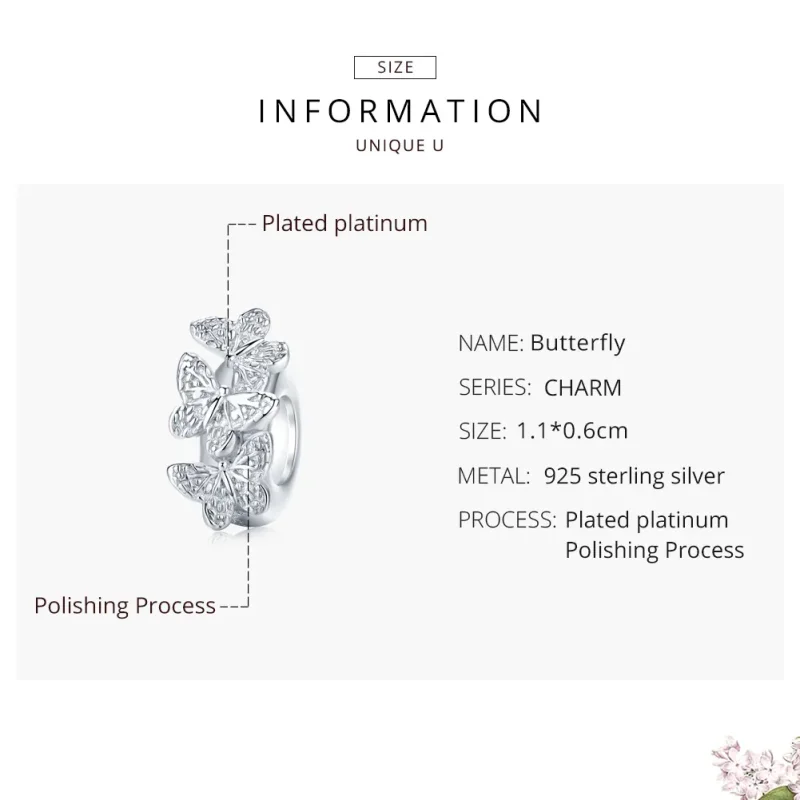 (bilde for) Pandora Style Silver Butterfly Spacer Charm - BSC120 - Vis 6