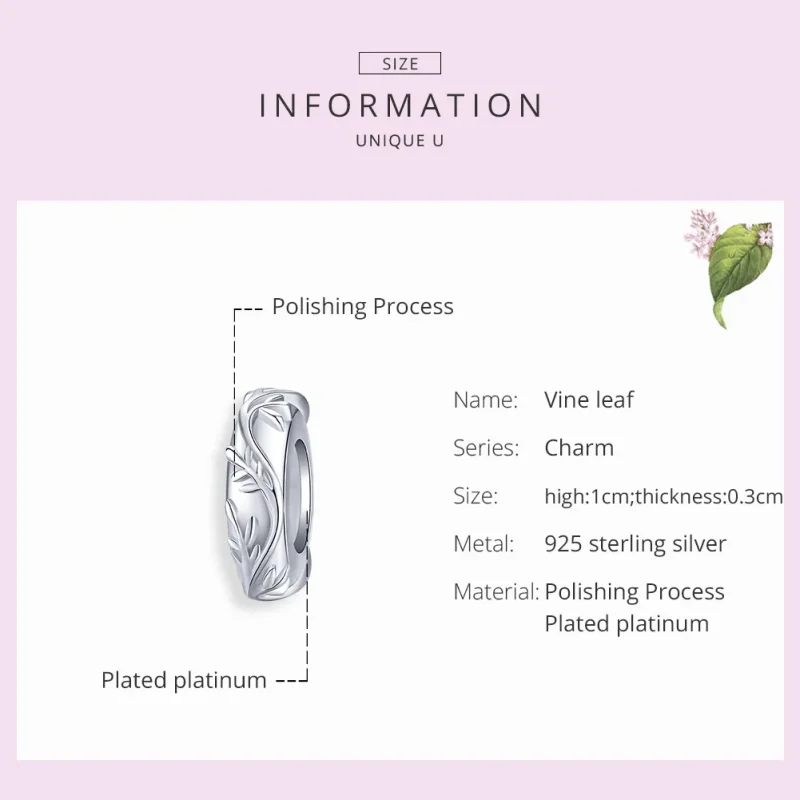 (bilde for) Pandora Style Silver Vine Leaf Spacer Charm - BSC142 - Vis 7