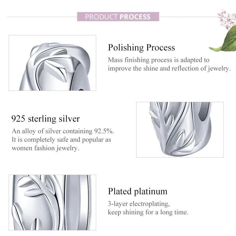 (bilde for) Pandora Style Silver Vine Leaf Spacer Charm - BSC142 - Vis 8