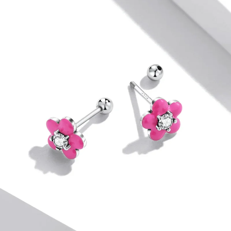 (bilde for) Pandora-stil fluorescerende rosa blomster øredobber - SCE1353 - Vis 3