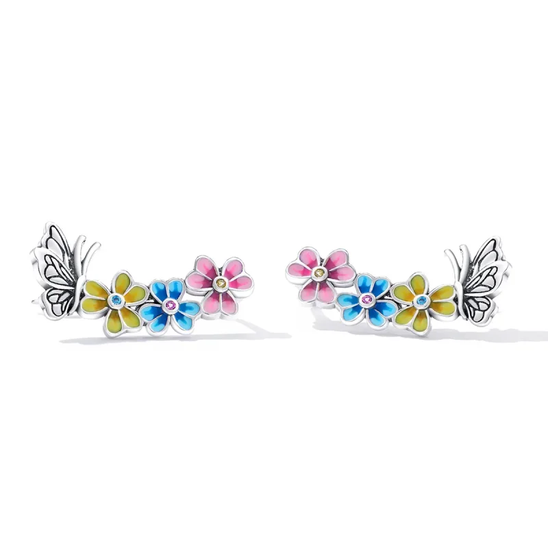 (bilde for) Pandora Style Butterfly Flower Stud øredobber - SCE1393 - Vis 2