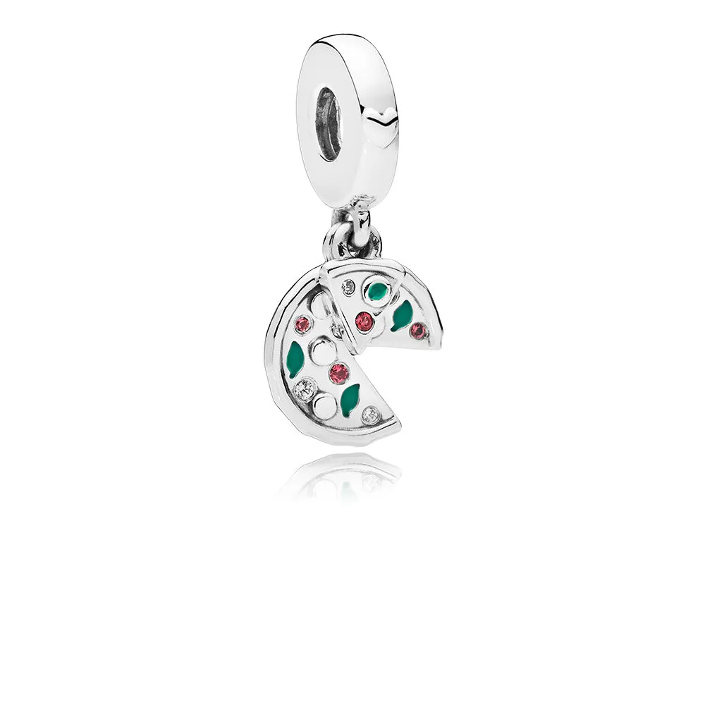 Pandora Pizza sølv dingler med klar cubic zirconia, bringebærrød krystall og grønn emalje - 797443CZ