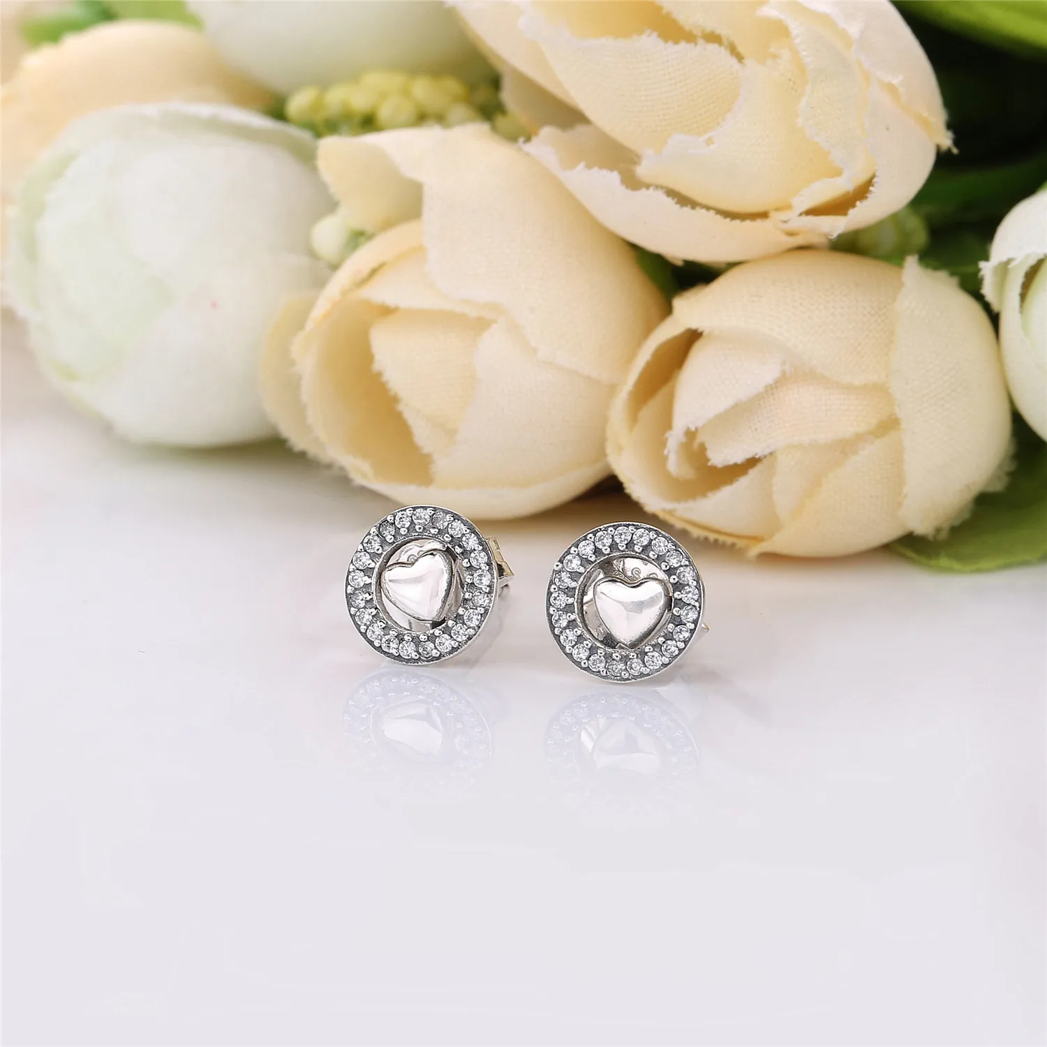 Pandora Heart silver stud earrings with detachable earring jackets and clear cubic zirconia - 297709CZ