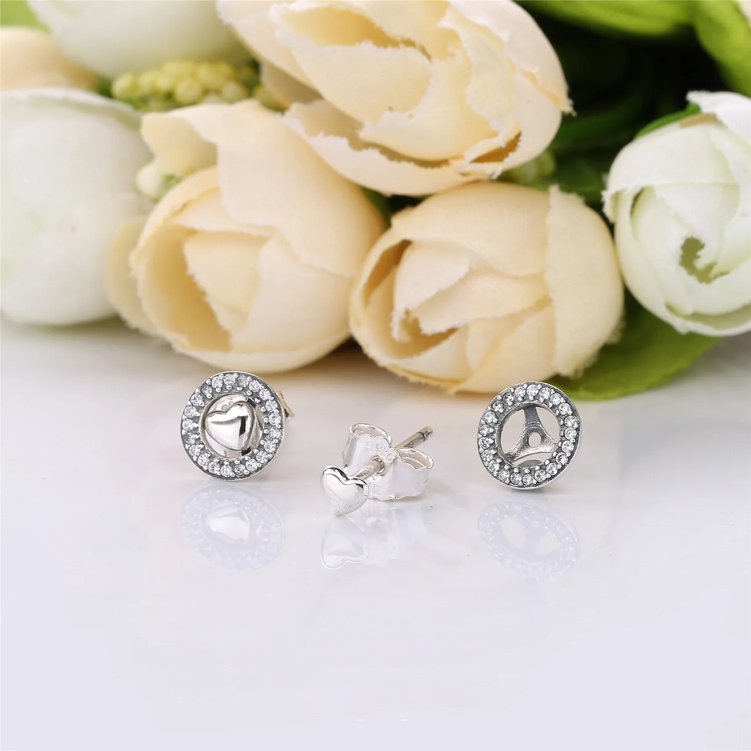 Pandora Heart silver stud earrings with detachable earring jackets and clear cubic zirconia - 297709CZ