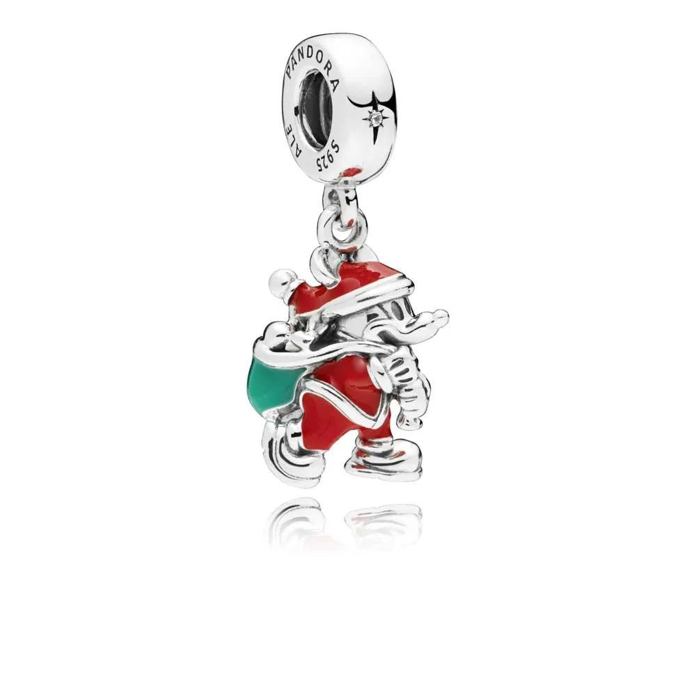Pandora Disney Mickey Santa sølv dingler med rød, grønn emalje og klare cubic zirconia - 797501ENMX